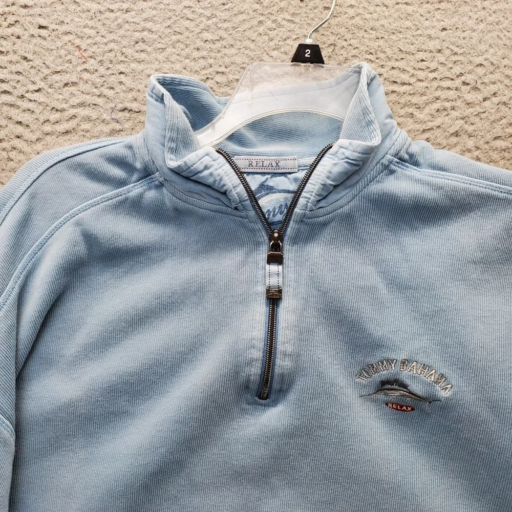 Tommy Bahama Sweater Mens LT Blue Embroidered Logo Knit Relaxed 1/4 Zip Pullover